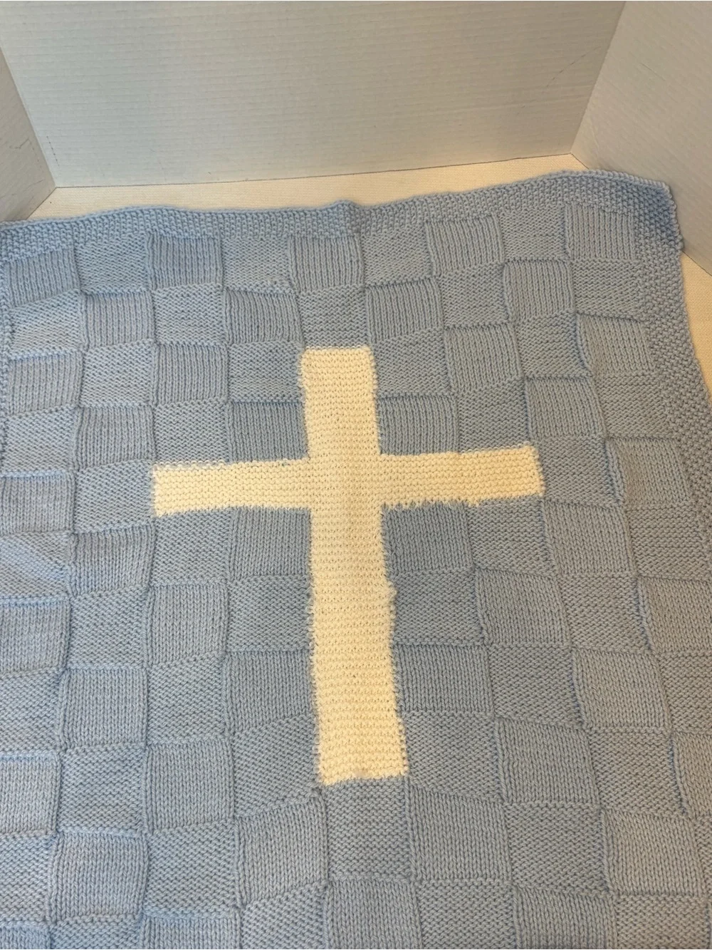Hand Knit Baby Christening Baptism Blanket, Baby Blue, Basketweave White Cross